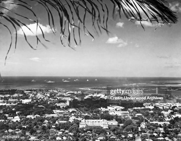 View of Honolulu from Punch Bowl crater, showing a portion of the US Navy fleet in Honolulu, Pearl Harbor, Hawaii, December 29, 1940. The Army and...