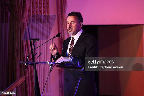National Responsibility Award honoree Ernie Herrman speaks onstage at the 2nd Annual Save The Children Illumination Gala at the Plaza on November 19,...