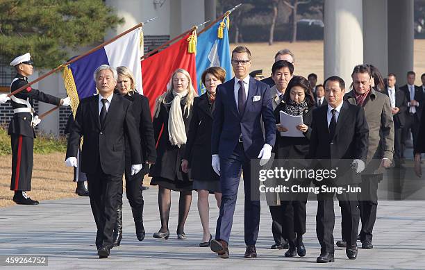 Finnish Prime Minister Alexander Stubb visits at Seoul National Cemetery during his visit to South Korea on November 20, 2014 in Seoul, South Korea....
