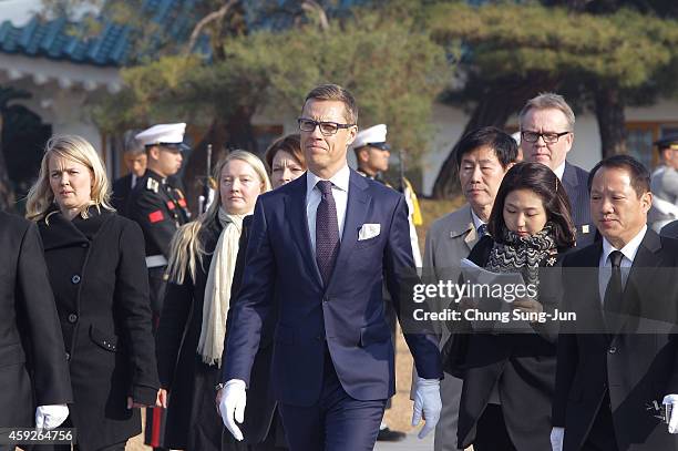 Finnish Prime Minister Alexander Stubb visits at Seoul National Cemetery during his visit to South Korea on November 20, 2014 in Seoul, South Korea....