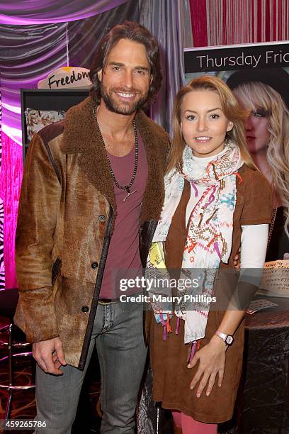 Actors Sebastián Rulli and Angelique Boyer attend the gift lounge during the 15th annual Latin GRAMMY Awards at the MGM Grand Garden Arena on...