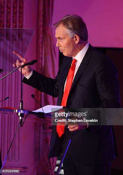 Former Minister of the United Kingdom and Global Legacy Award Honoree Tony Blair speaks on stage at the 2nd Annual Save The Children Illumination...