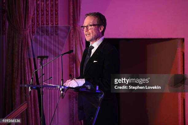 National Humanitarian Award honoree Austin Hearst appears onstage at the 2nd Annual Save The Children Illumination Gala at the Plaza on November 19,...