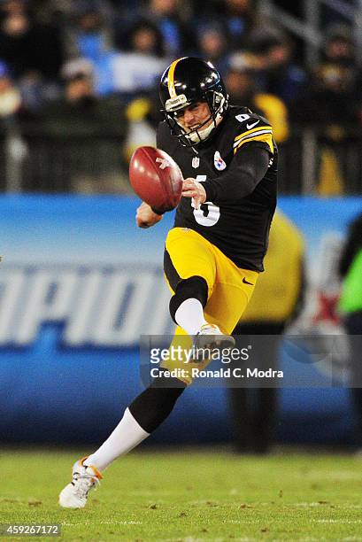 Shaun Suisham of the Pittsburgh Steelers kicks during a NFL game against the Tennessee Titans at LP Field on November 17, 2014 in Nashville,...