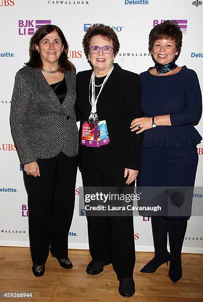 Gracia Martore, Billie Jean King and Valerie Jarrett attend the Billie Jean King Leadership Initiative Gala at Powerhouse at The American Museum of...