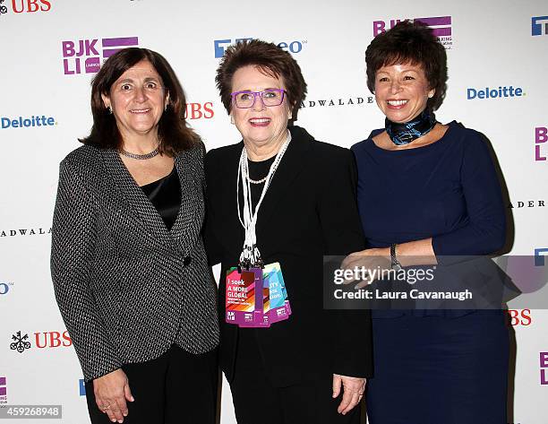 Gracia Martore, Billie Jean King and Valerie Jarrett attend the Billie Jean King Leadership Initiative Gala at Powerhouse at The American Museum of...
