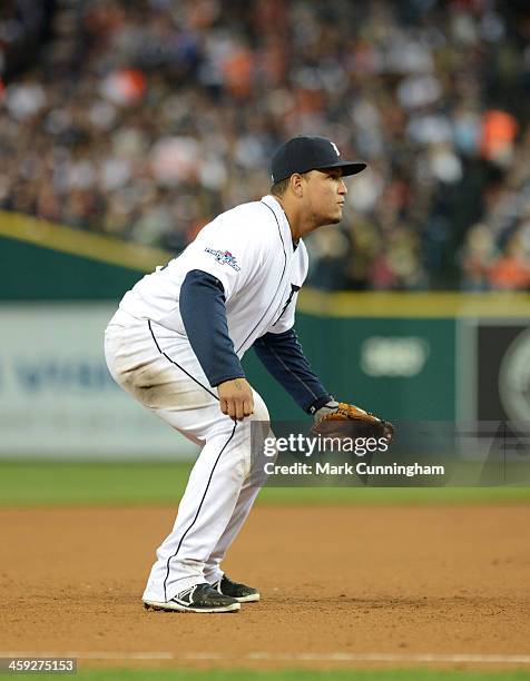 Miguel Cabrera of the Detroit Tigers fields during Game Four of the American League Division Series against the Oakland Athletics at Comerica Park on...