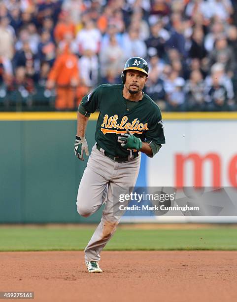 Coco Crisp of the Oakland Athletics runs the bases during Game Four of the American League Division Series against the Detroit Tigers at Comerica...