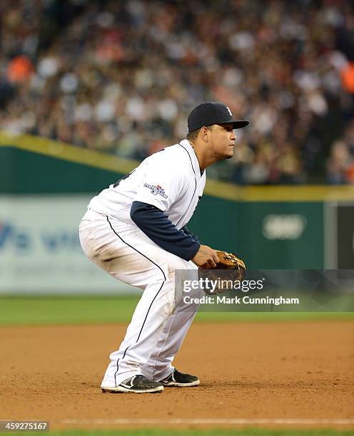 Miguel Cabrera of the Detroit Tigers fields during Game Four of the American League Division Series against the Oakland Athletics at Comerica Park on...