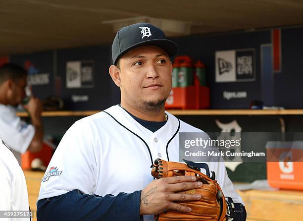 Miguel Cabrera of the Detroit Tigers looks on from the dugout during Game Four of the American League Division Series against the Oakland Athletics...