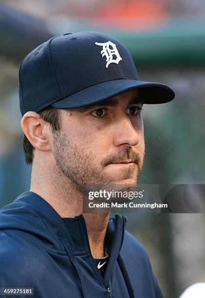 Justin Verlander of the Detroit Tigers looks on from the dugout during Game Four of the American League Division Series against the Oakland Athletics...