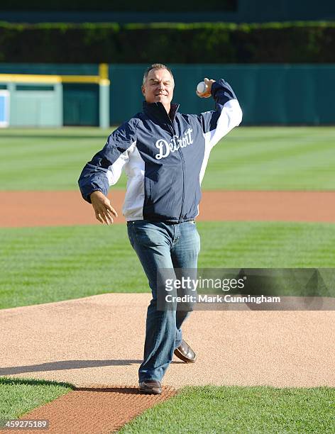 Former Detroit Tigers pitcher Frank Tanana throws out the ceremonial first pitch prior to Game Four of the American League Division Series against...