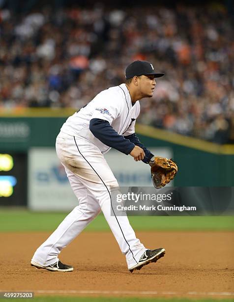 Miguel Cabrera of the Detroit Tigers fields during Game Four of the American League Division Series against the Oakland Athletics at Comerica Park on...