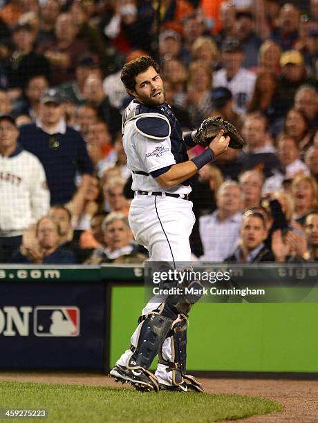 Alex Avila of the Detroit Tigers looks on during Game Four of the American League Division Series against the Oakland Athletics at Comerica Park on...