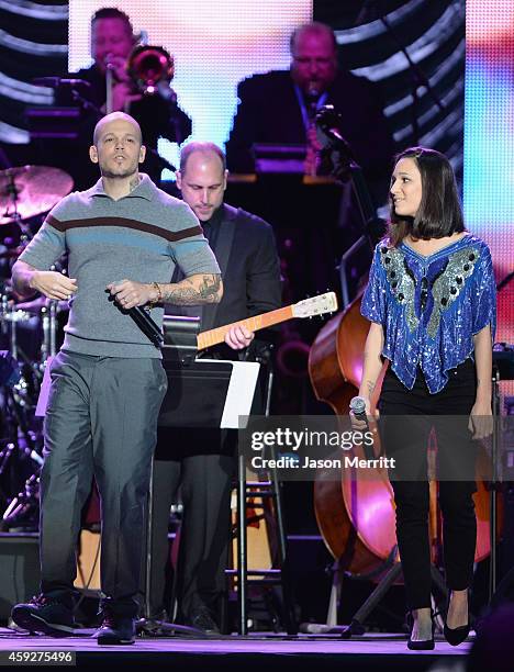 Singer Rene Perez Joglar of and Ileana Cabra Joglar of Calle 13 perform onstage during the 2014 Person of the Year honoring Joan Manuel Serrat at the...