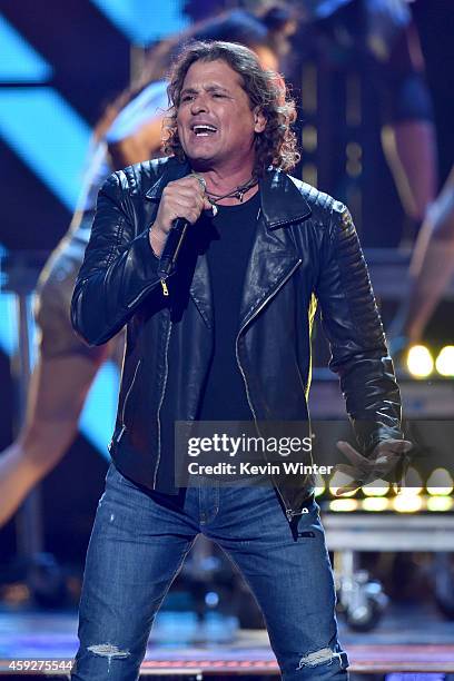 Singer Carlos Vives performs onstage during rehearsals for the 15th annual Latin GRAMMY Awards at the MGM Grand Garden Arena on November 19, 2014 in...