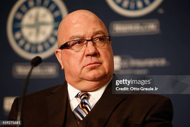 Jack Zduriencik of the Seattle Mariners looks on during a press conference introducing Robinson Cano to the media at Safeco Field on December 12,...