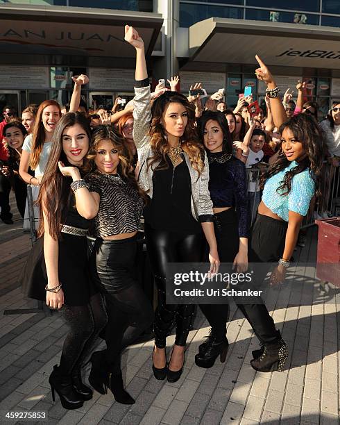 Lauren Jauregui, Ally Brooke, Dinah Jane Hansen, Camila Cabello and Normani Kordei of Fifth Harmony pose backstage at the Y 100 Jingle Ball - Show at...