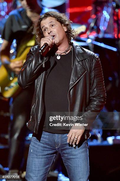 Singer Carlos Vives performs onstage during rehearsals for the 15th annual Latin GRAMMY Awards at the MGM Grand Garden Arena on November 19, 2014 in...