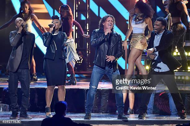 Slow and Goyo of ChocQuibTown, singer Carlos Vives, and Tostao of ChocQuibTown perform onstage during rehearsals for the 15th annual Latin GRAMMY...