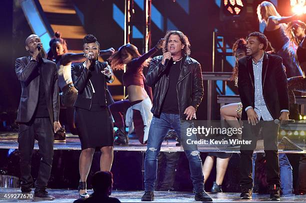 Slow and Goyo of ChocQuibTown, singer Carlos Vives, and Tostao of ChocQuibTown perform onstage during rehearsals for the 15th annual Latin GRAMMY...