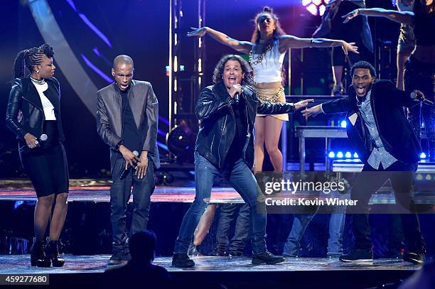 Goyo and Slow of ChocQuibTown, singer Carlos Vives, and Tostao of ChocQuibTown perform onstage during rehearsals for the 15th annual Latin GRAMMY...