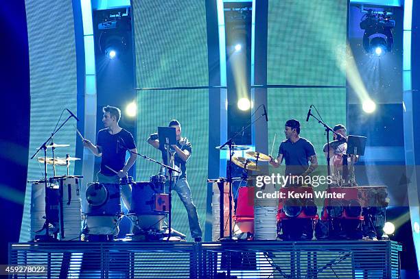 Recycled Percussion performs onstage during rehearsals for the 15th annual Latin GRAMMY Awards at the MGM Grand Garden Arena on November 19, 2014 in...