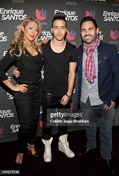 Radio personality Luisa Fernanda, singer Prince Royce, and TV/radio personality Enrique Santos attend the Univision Radio Remotes during the 15th...