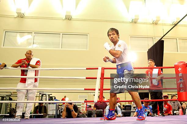 Manny Pacquiao trains during a workout session at The Venetian on November 20, 2014 in Macau, Macau.