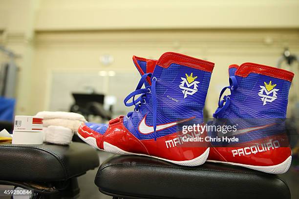 Detail photograph of Manny Pacquiao's shoes during a workout session at The Venetian on November 20, 2014 in Macau, Macau.