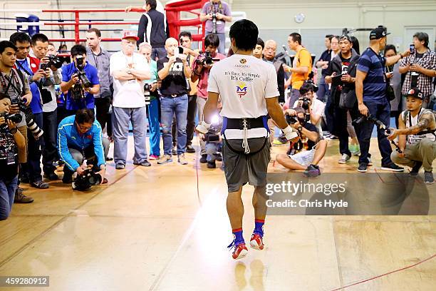 Manny Pacquiao trains during a workout session at The Venetian on November 20, 2014 in Macau, Macau.