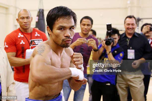 Manny Pacquiao trains during a workout session at The Venetian on November 20, 2014 in Macau, Macau.