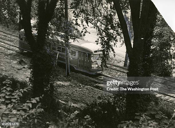 Cabin John streetcar as it makes a turn near the Little Falls Dam August 7 Cabin John, MD.