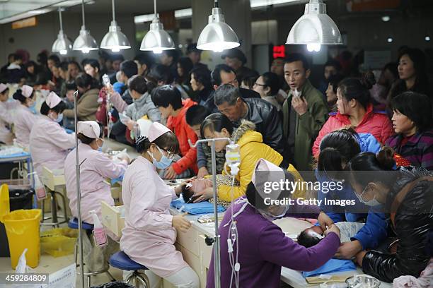 Children receive intravenous transfusion at Xi'an Children's Hospital on December 24, 2013 in Xi an, China. Heavy smog covered many parts of China on...