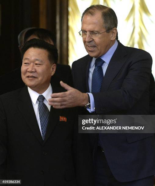 Russian Foreign Minister Sergei Lavrov welcomes North Korean leader Kim Jong-Un's special envoy Choe Ryong Hae, a secretary of the Central Committee...