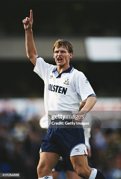 Spurs striker Teddy Sheringham celebrates his goal during the Premier League match between Tottenham Hotspur and Middlesbrough at White Hart Lane on...