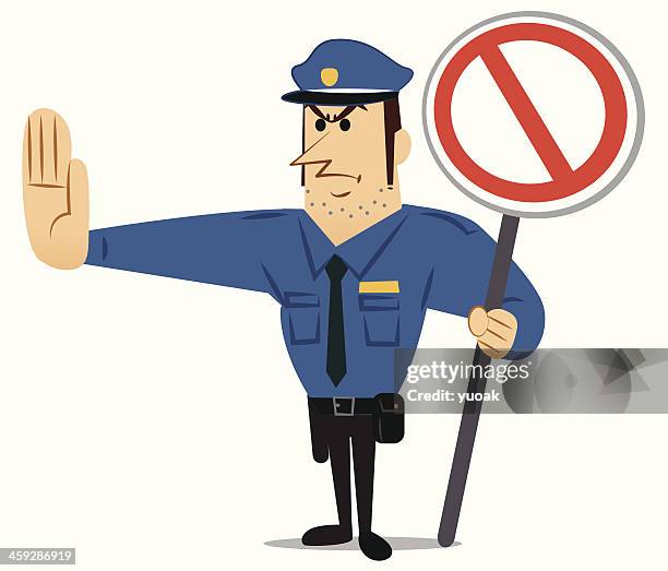 ilustrações, clipart, desenhos animados e ícones de polícia mostrando uma proibição de - roubando crime