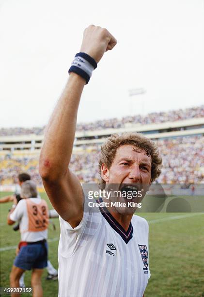 Terry Butcher of England celebrates after the FIFA 1986 World Cup match against Poland at the Universitario Stadium on June 11, 1986 in Monterrey,...