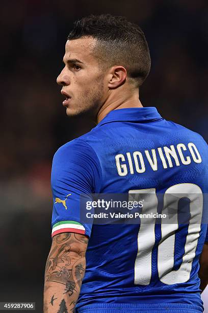 Sebastian Giovinco of Italy looks on during the International Friendly match between Italy and Albania at Luigi Ferraris on November 18, 2014 in...