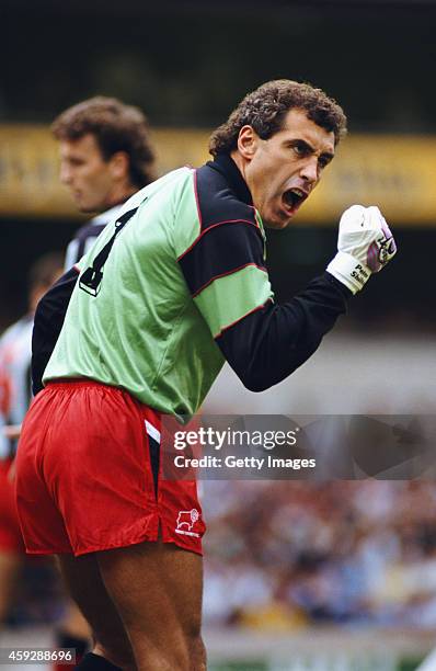 Derby goalkeeper Peter Shilton reacts during a League Division One match between Tottenham Hotspur and Derby County at White Hart Lane on September...