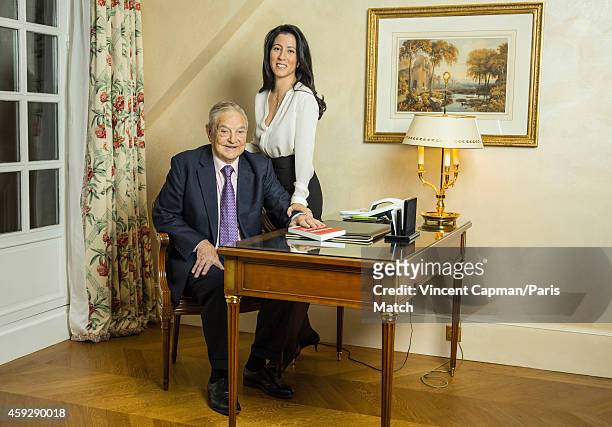 Financier George Soros with his wife Tamiko Bolton are photographed for Paris Match on November 5, 2014 in Paris, France.