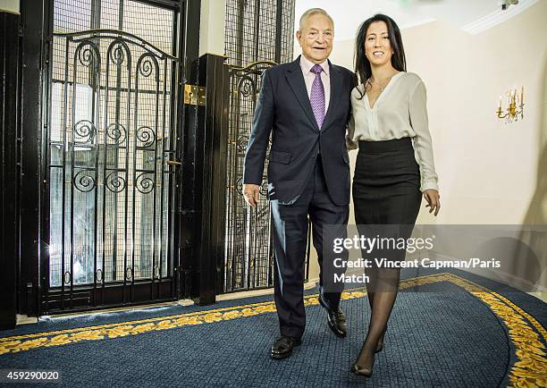 Financier George Soros with his wife Tamiko Bolton are photographed for Paris Match on November 5, 2014 in Paris, France.