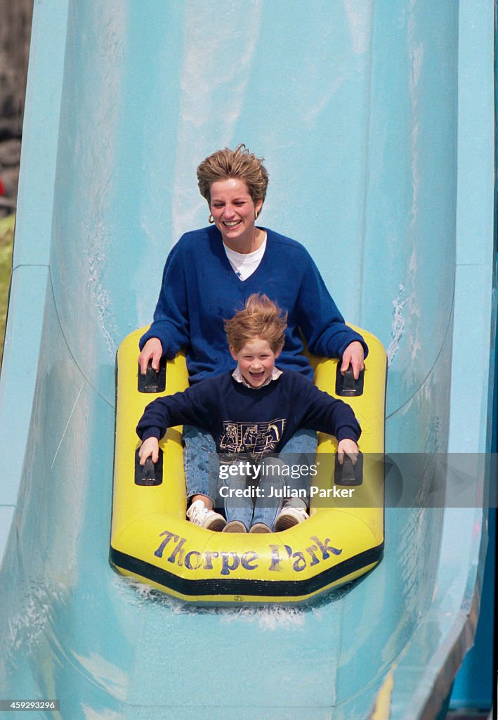 Diana, Princess of Wales, with Prince William, and Prince Harry, at Thorpe Park