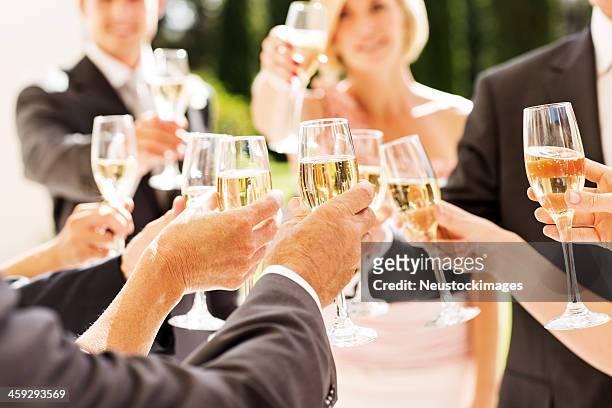 guests and couple toasting champagne flutes at reception - outdoor wedding stock pictures, royalty-free photos & images