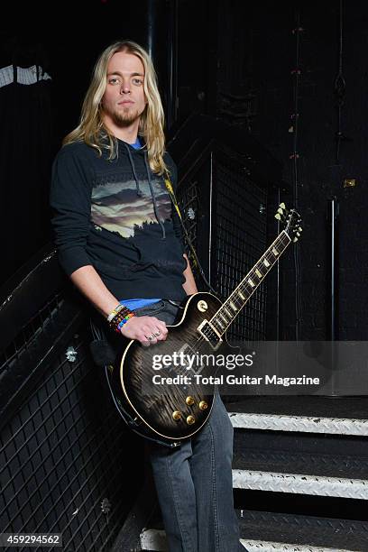 Portrait of American musician Ben Wells, guitarist with rock group Black Stone Cherry photographed before a live performance at KOKO in London, taken...