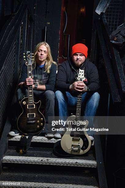 Portrait of American musicians Ben Wells and Chris Robertson of rock group Black Stone Cherry photographed before a live performance at KOKO in...