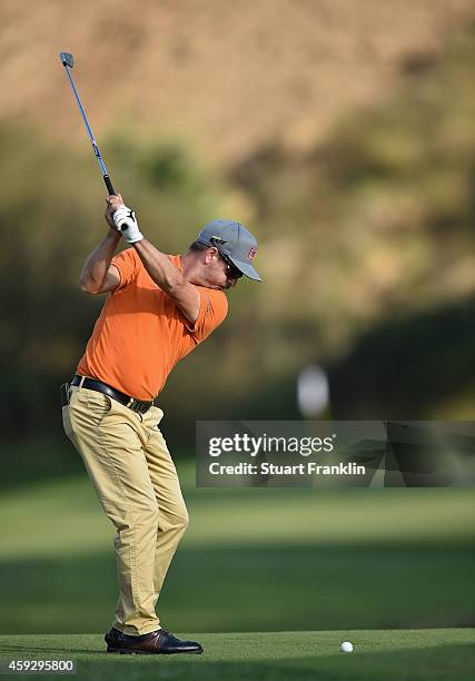 Mikko Korhonen of Finland plays a shot during the final round of the European Tour qualifying school final stage at PGA Catalunya Resort on November...