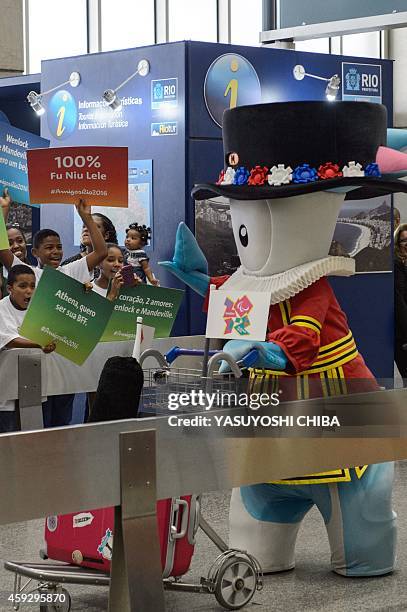 Wenlock, the mascot of the London 2012 Olympic Games, arrives at the Tom Jobim International Airport in Rio de Janeiro, Brazil, on November 20, 2014....