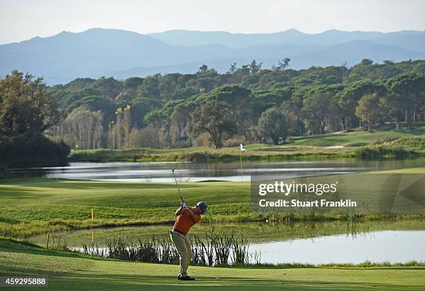 Mikko Korhonen of Finland plays a shot during the final round of the European Tour qualifying school final stage at PGA Catalunya Resort on November...