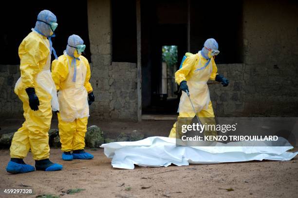 Health workers from Guinea's Red Cross prepare to carry the body of a victim of the Ebola virus in Momo Kanedou in Guinea on November 19, 2014....